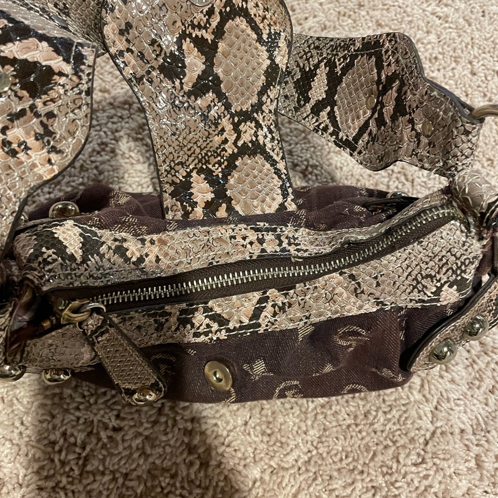 Guess Brown Monogram Shoulder Bag with Snake-Print Trim - Picture 8 of 10
